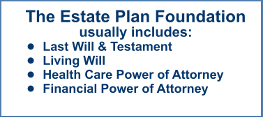 The Estate Plan Foundationusually includes: •	Last Will & Testament •	Living Will •	Health Care Power of Attorney •	Financial Power of Attorney